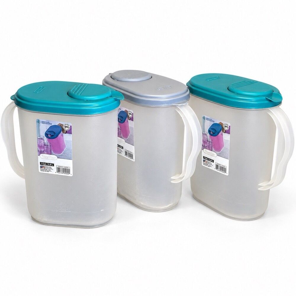 Sterilite 1 Gallon Plastic Drink Pitchers Set of 3 Teal Gray Flip Spout BPA Free